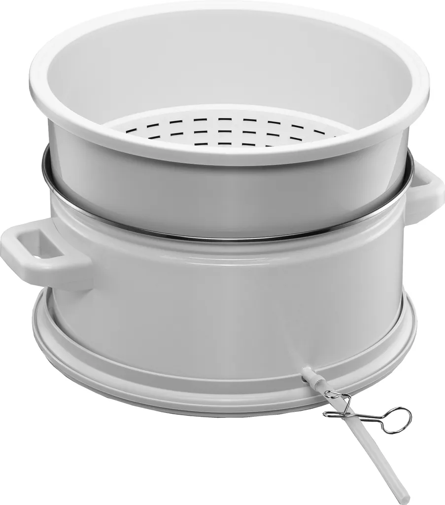 Juicer attachment EA 1803, suitable for all Rommelsbacher preserving machines, juice collection container with acid-resistant 2-layer enamel coating, 15-liter fruit basket, filling hose and clamp