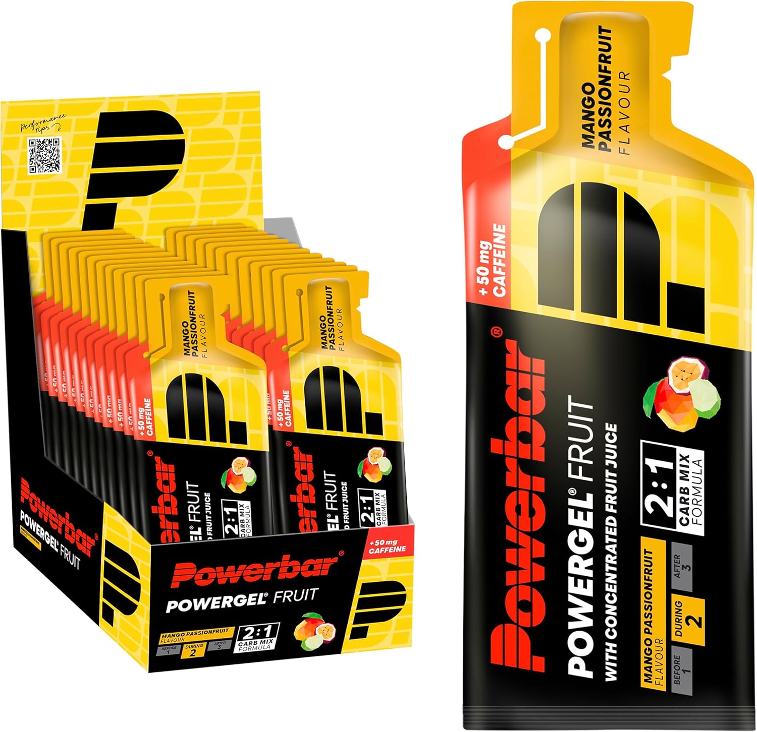 Powerbar - PowerGel Fruit - Mango Passion Fruit - 24 x 41 g - High Carb Energy Gel - Sodium - 50 mg Caffeine