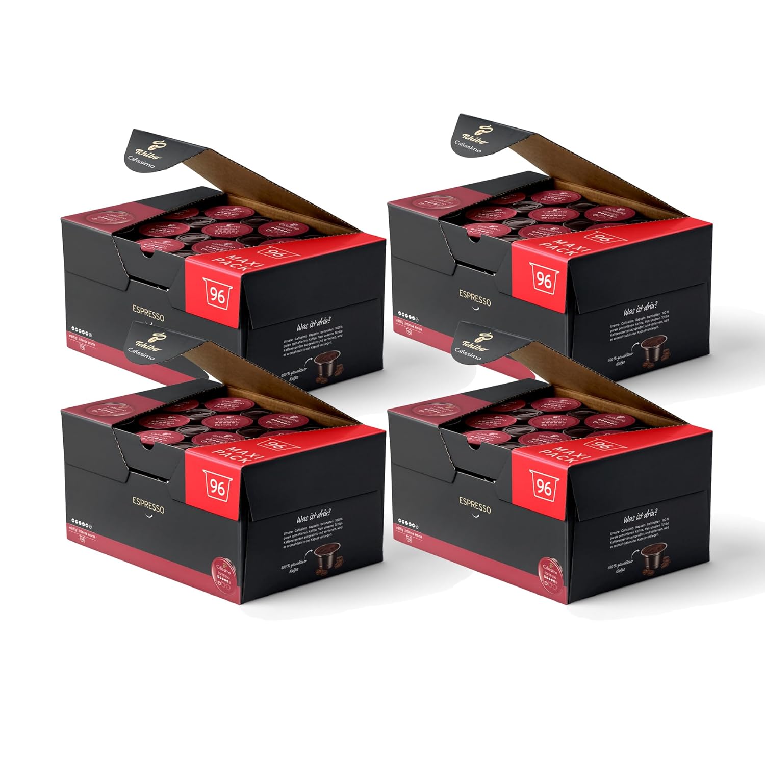 Tchibo Cafissimo Storage Box Espresso Strong Coffee Capsules, 384 Pieces - 4 x 96 Capsules (Espresso, Intense with Strong Roasted Aromas), Sustainable & Fair Trade