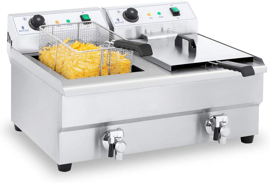 Royal Catering RCEF 16DH-1 Double Fryer Stainless Steel (2 x 16 Litres, 2 x 3,200 Watt, Thermostat, 2 x Drain Taps, Stainless Steel)
