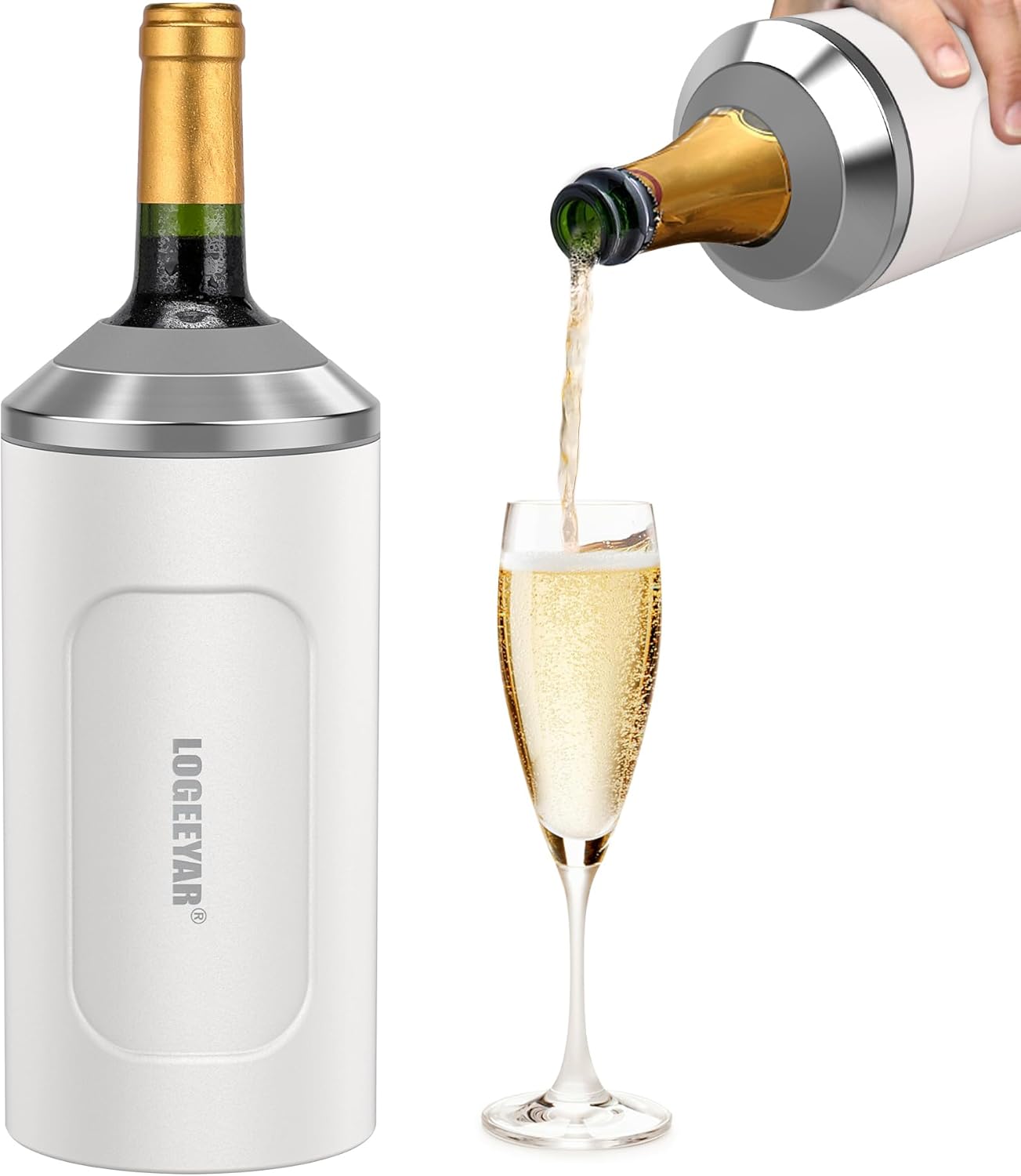 Itslife Wine Cooler with Lid, 750 ml Bottle Cooler for Wine Champagne, Double-Walled Stainless Steel Champagne Cooler, Portable Drink Cooler Outdoor, Gifts for Wine Lovers, White