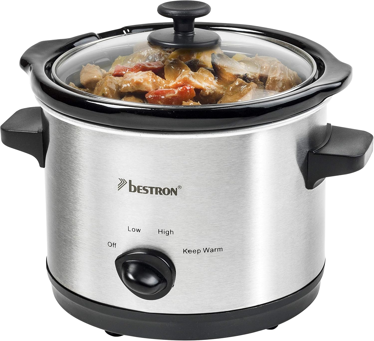 Bestron Slow Cooker for 2 People, Slow Cooker with Ceramic Pan and Glass Lid, 3 Level Thermostat, Ideal for Many Dishes such as Meat, Soups & Vegetables, 1.5 Liters, Colour: Silver