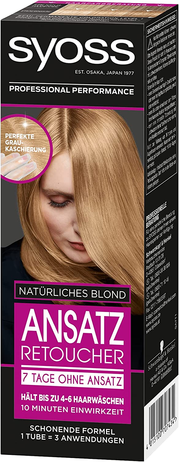 Syoss Rooach Retoucher Hair Colour 7 Days without Roots Natural Blonde Pack of 3 x 85 ml, ‎natural