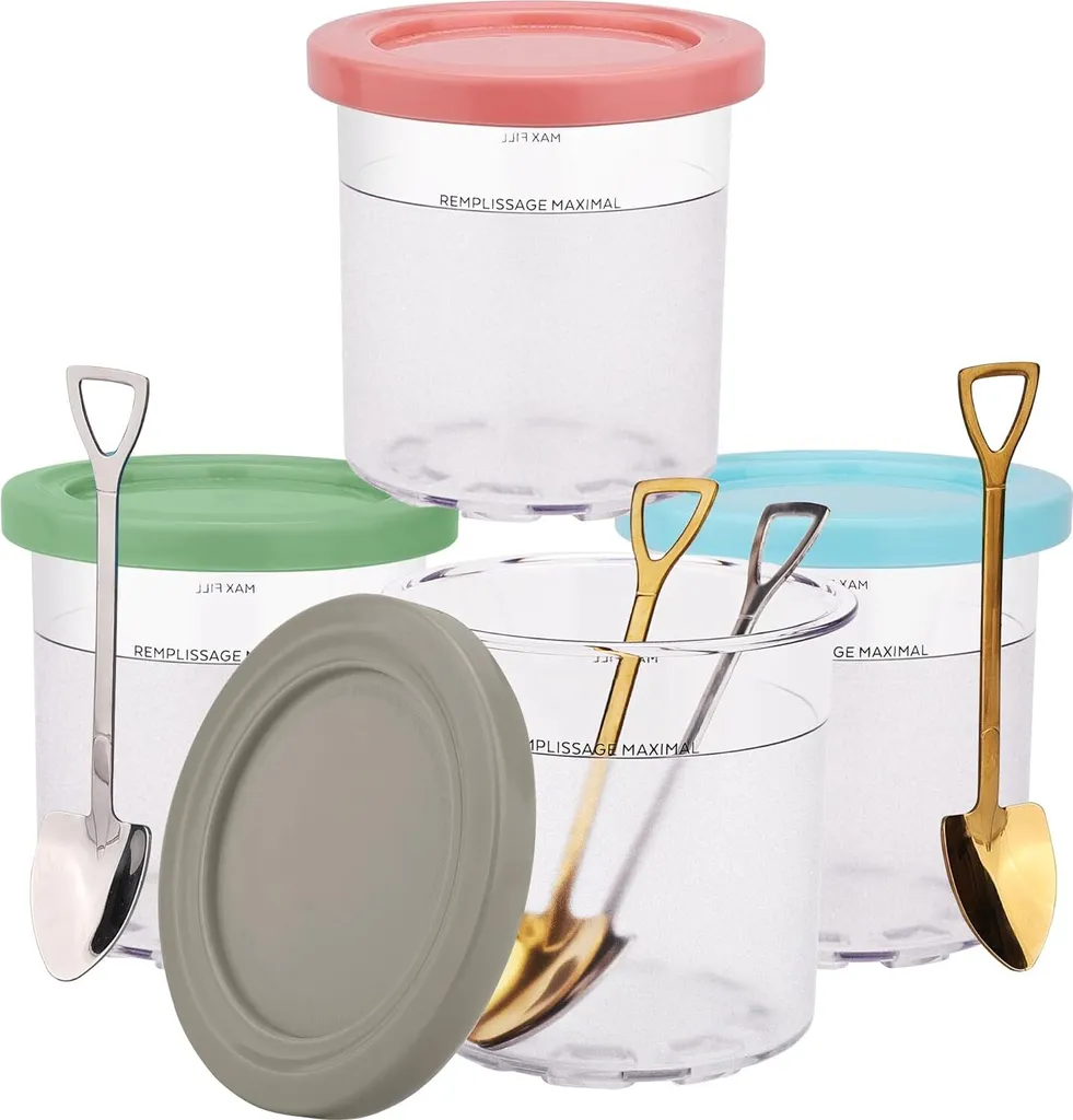 Mmgoqqt Replacement pint container for ice cream for the Ninja Creami series; contains 4 scoops, is dishwasher safe and available in several colours.