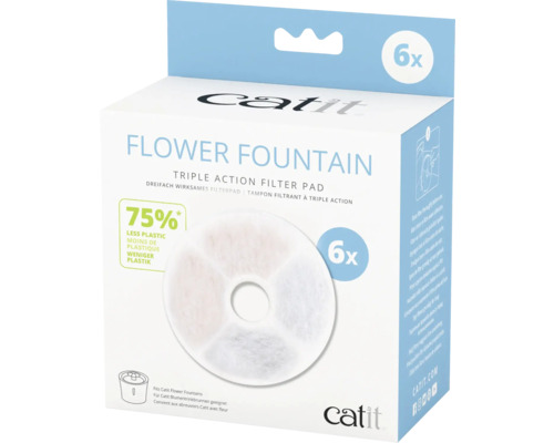 Replacement filter catit Triple Action Filter frameless, 3 in 1 activated carbon, cotton, ion exchange resin filter, pack of 6 for catit flower drinking fountains