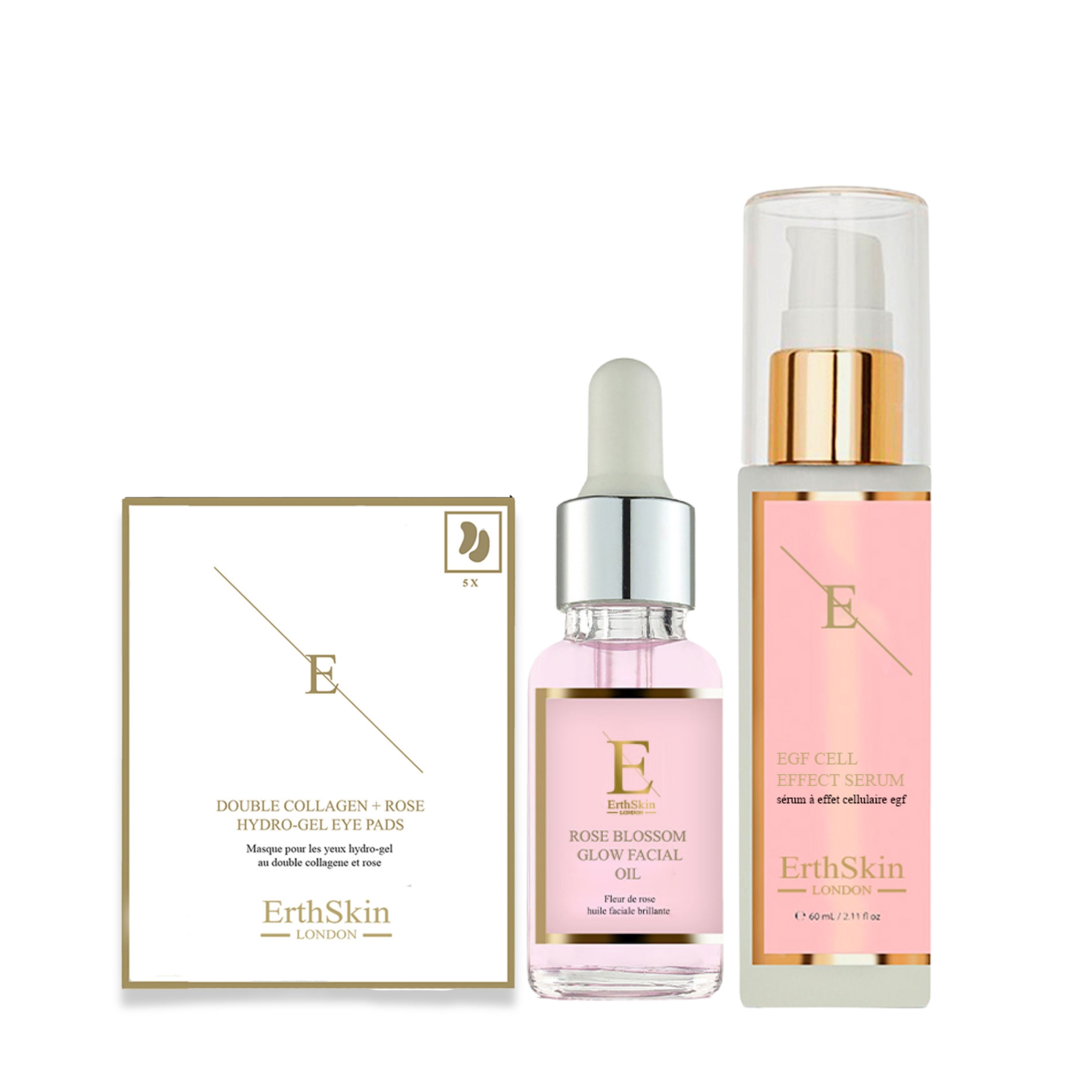 ErthSkin London EGF SERUM + Rose Blossom Glow Facial Oil + Double Collagen Eye Pads set 1 St