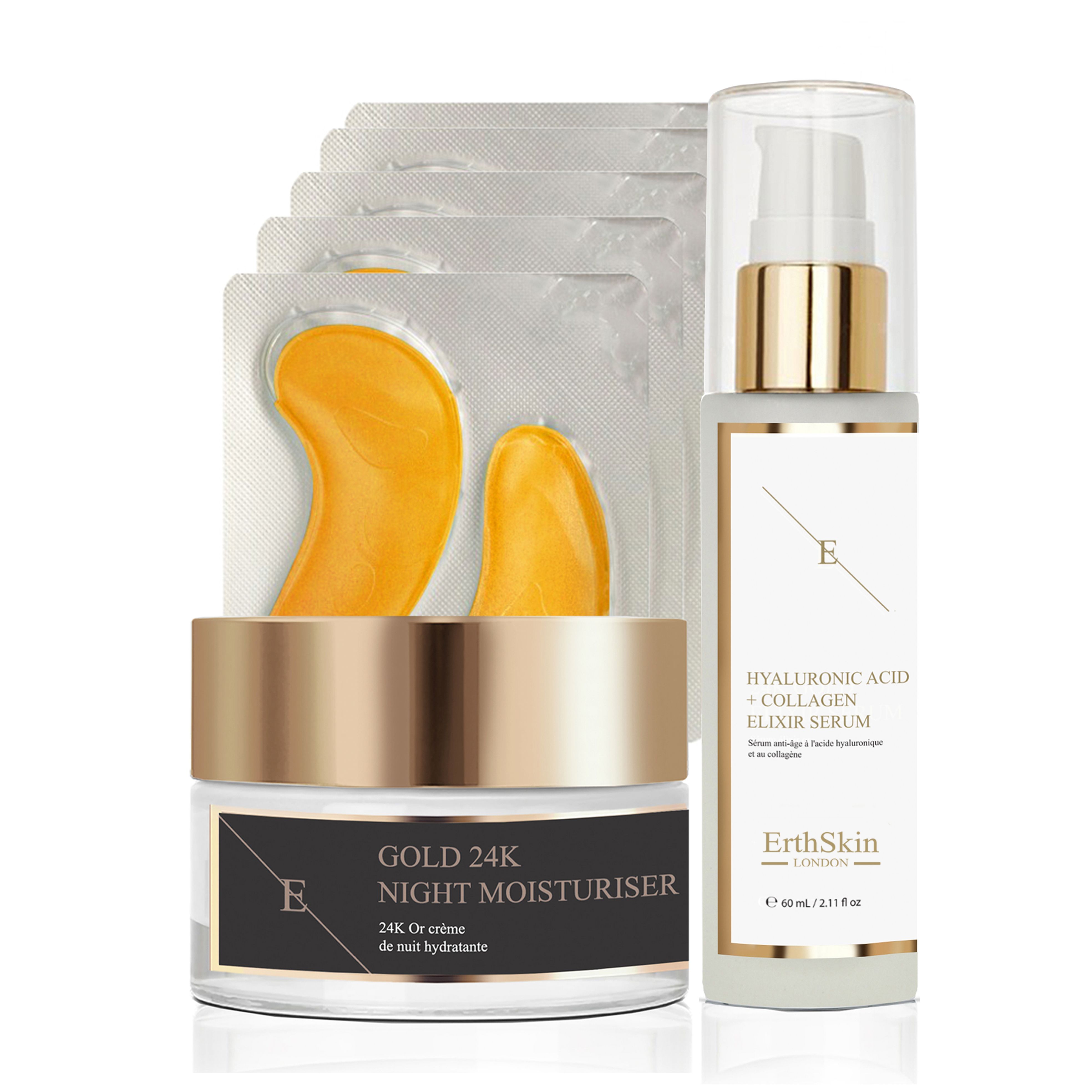 ErthSkin London Night Moisturizer + Eye Pads + Hyaluronic Acid Collagen Serum 60 ml