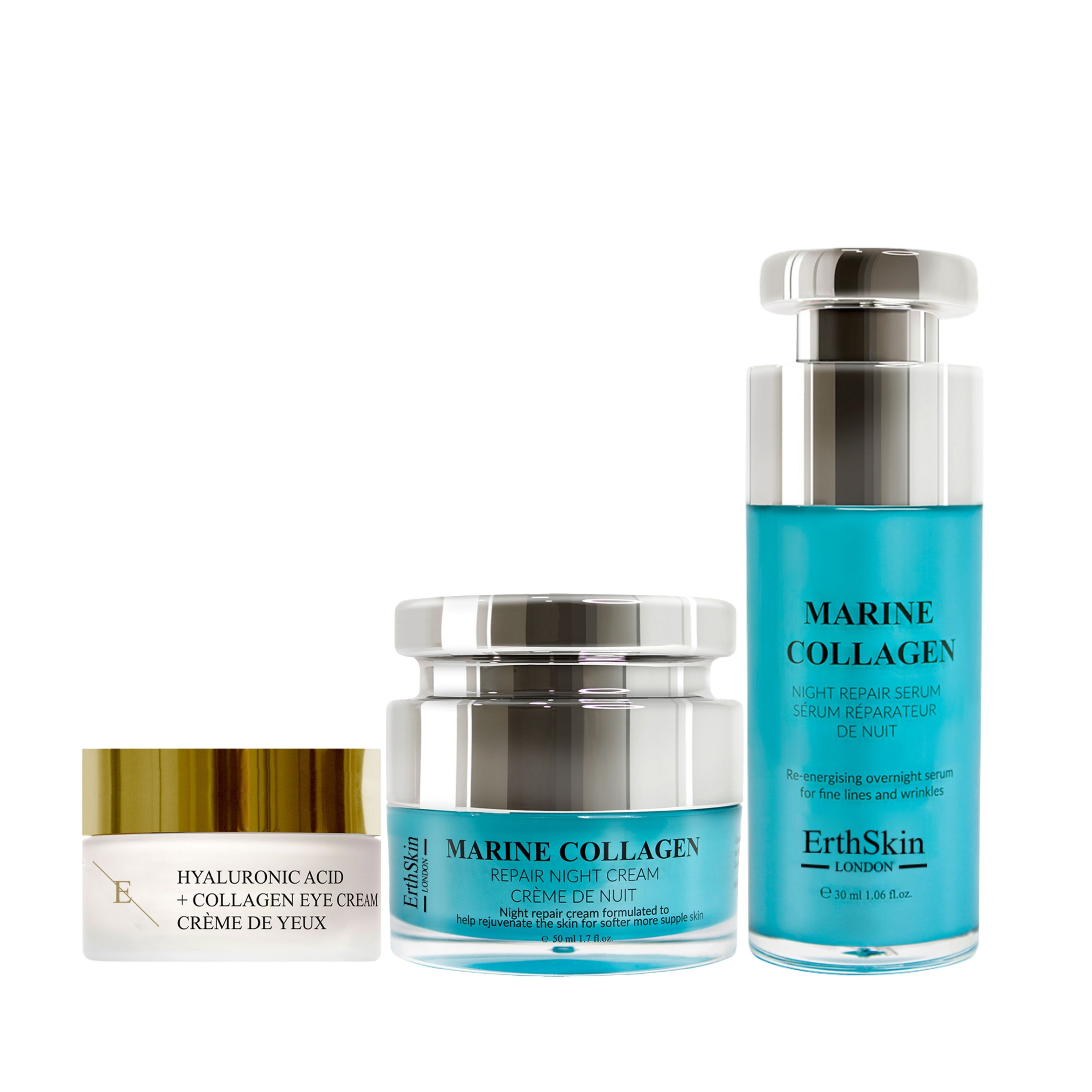 ErthSkin London Marine Night Cream + Hyaluron Eye Cream + Marine Collagen Night Repair Serum set 1 St