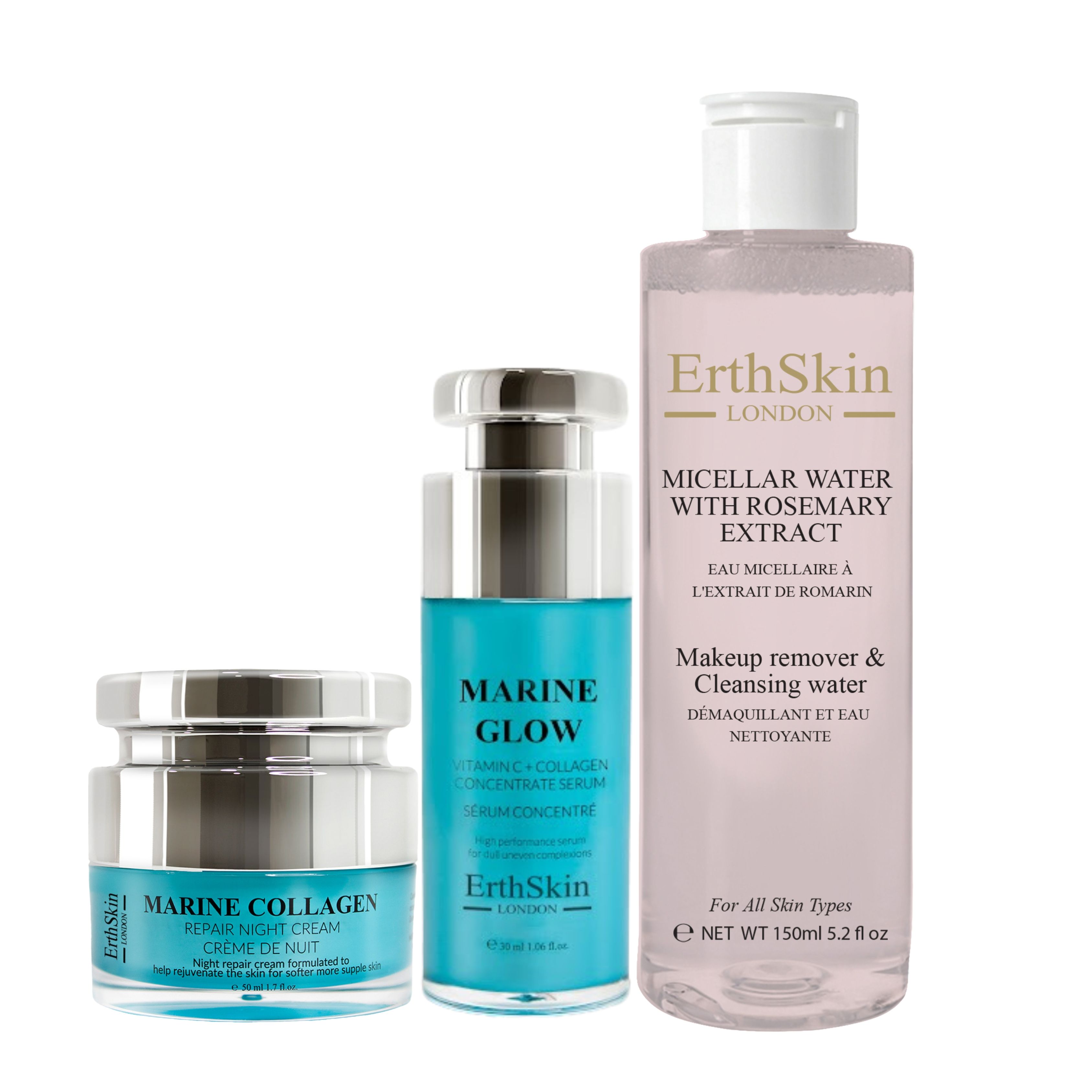 ErthSkin London Micellar Water with Rosemary Extract + Marine Serum + Marine Collagen Night Cream Set 1 St