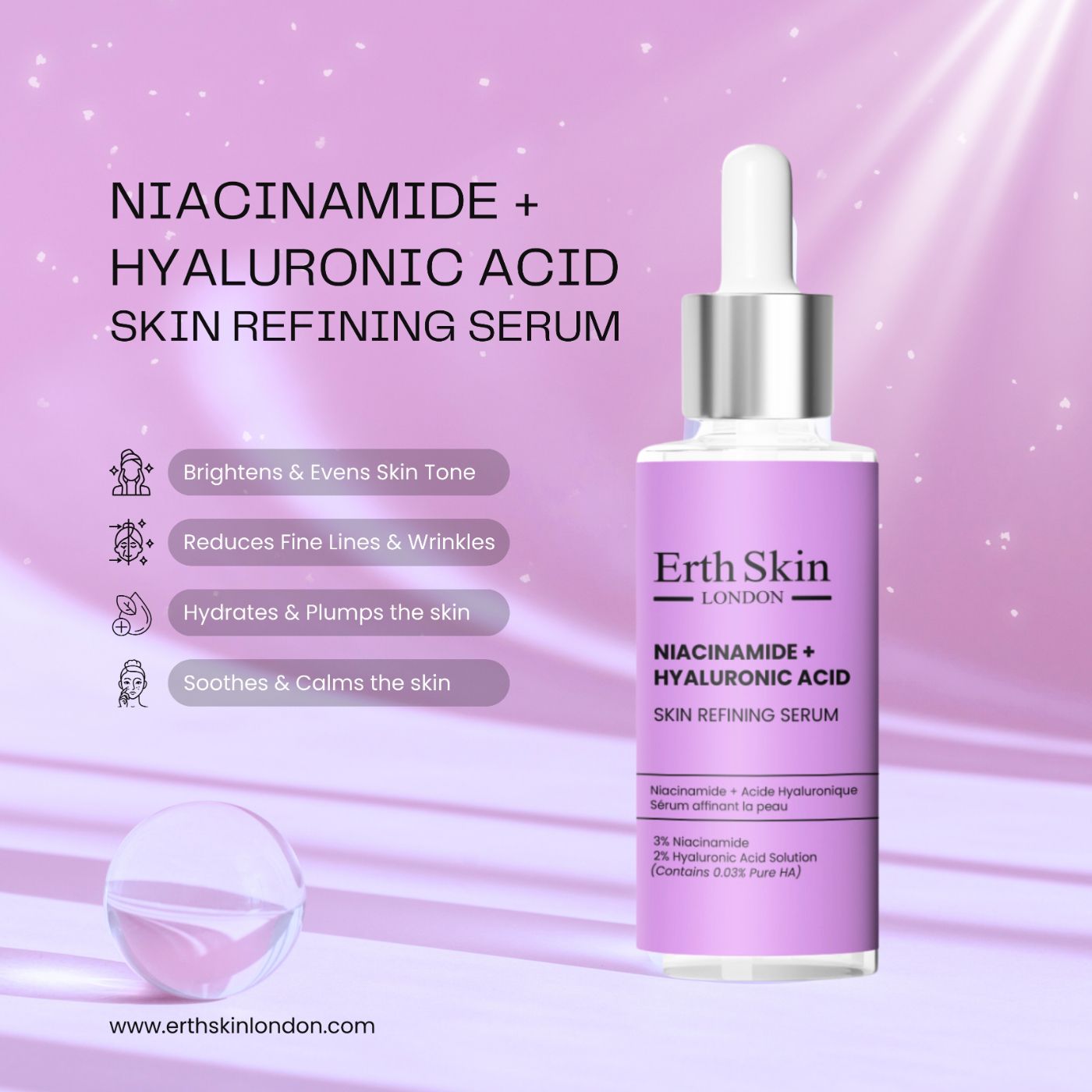 ErthSkin London Niacinamide + Hyaluronic Acid Skin Refining Serum 30 ml