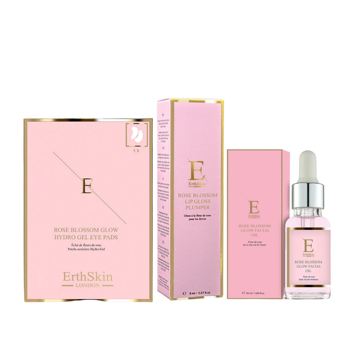 ErthSkin London Rose blossom glow FACIAL OIL + Hydro gel eye pads + Lip Gloss Plumper set 1 St