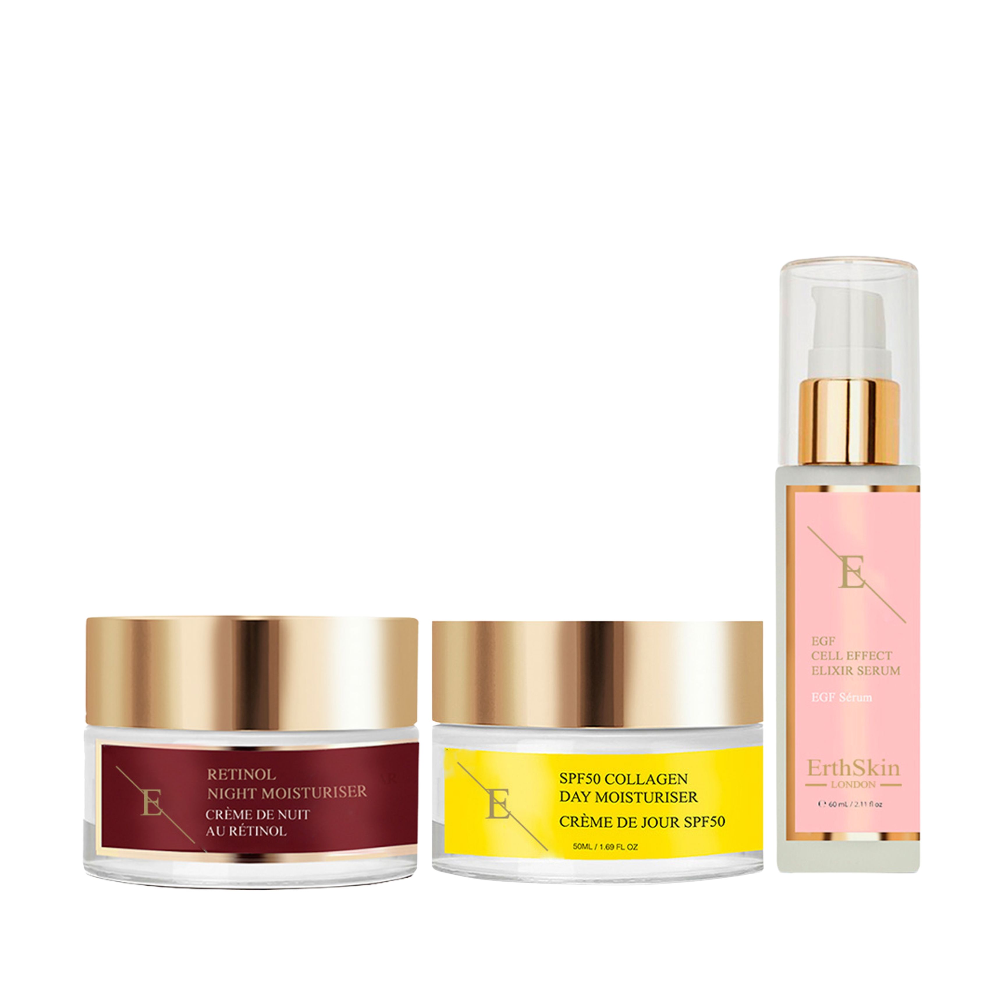 ErthSkin London SPF Collagen Day Cream + Retinol Night Moisturizer + EGF CELL EFFECT SERUM set 1 St