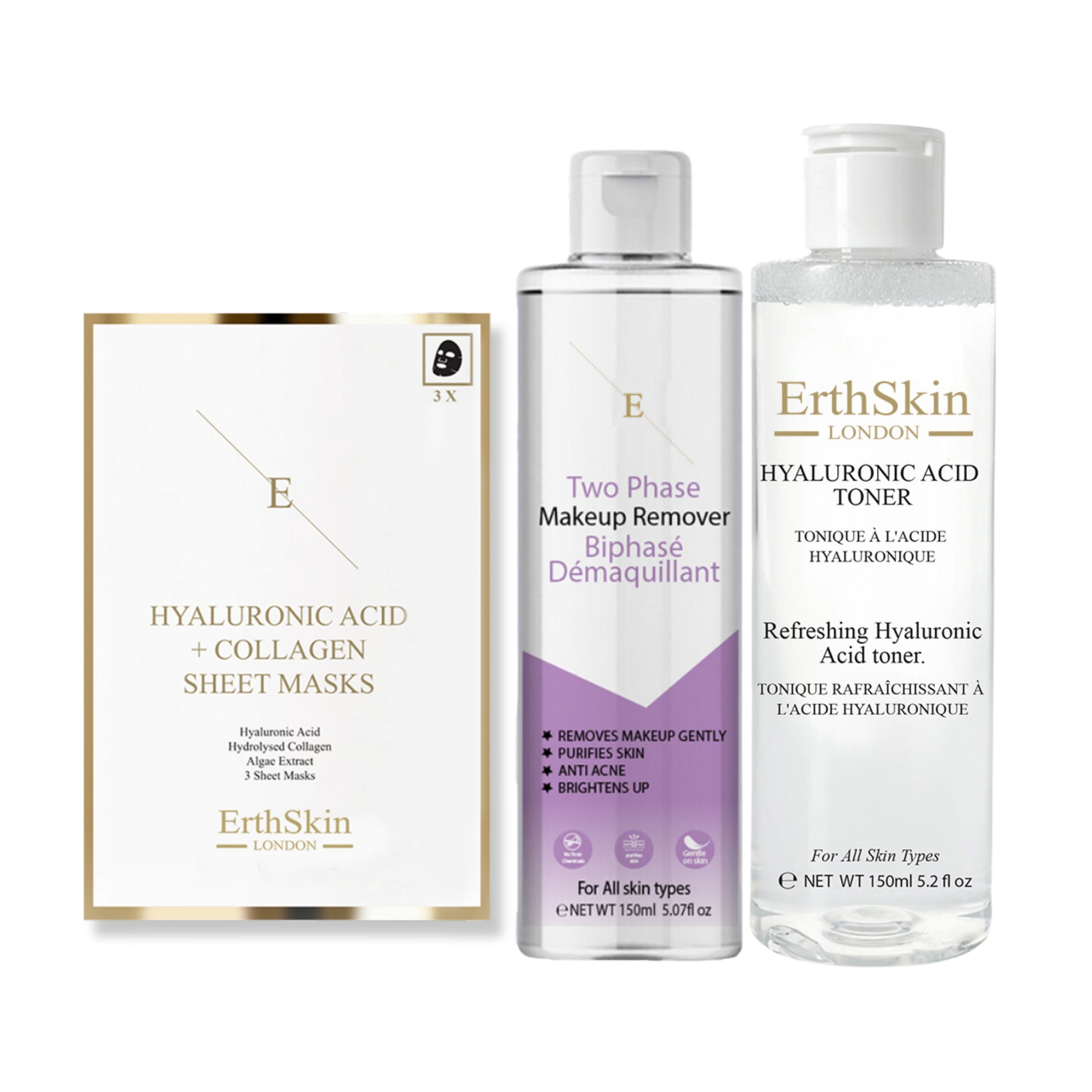 ErthSkin London Two-Phase Make-up Remover + Hyaluronic Acid Toner + Collagen Mask Set 1 St
