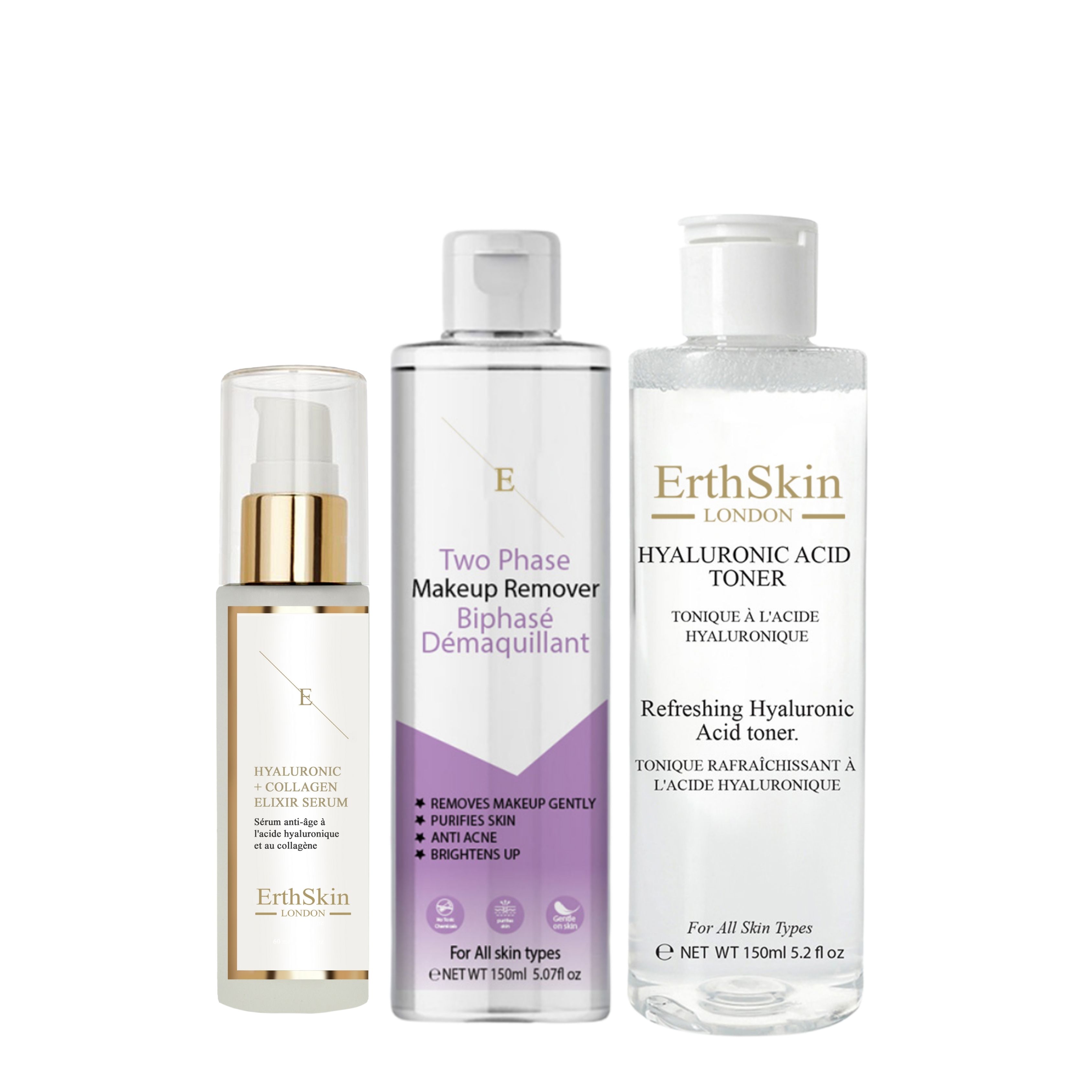 ErthSkin London Two-Phase Makeup Remover + Hyaluronic Acid Toner + Collagen Serum 60 ml