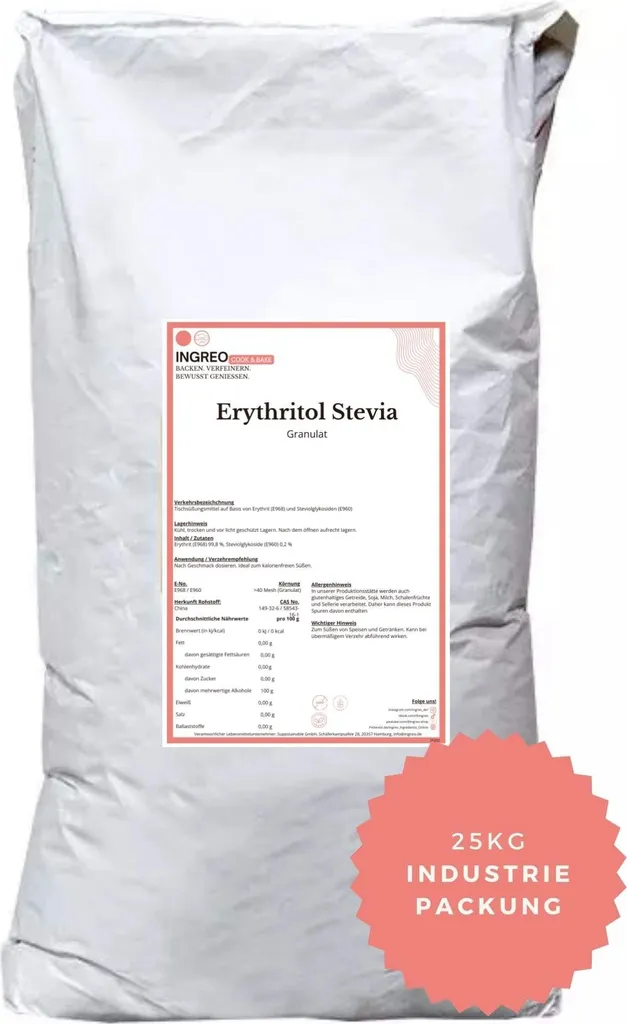 INGREO Cook & Bake Erythritol Stevia  - (99,8% + 0,2%) Granulat (<40 Mesh) – 25 kg