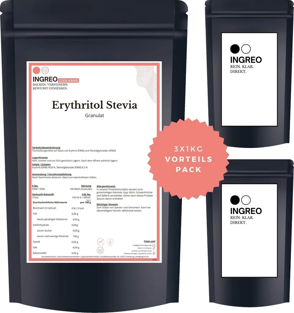 INGREO Cook & Bake Erythritol Stevia - (99.8% + 0.2%) Granules (<40 Mesh) – 3kg (3X1kg)