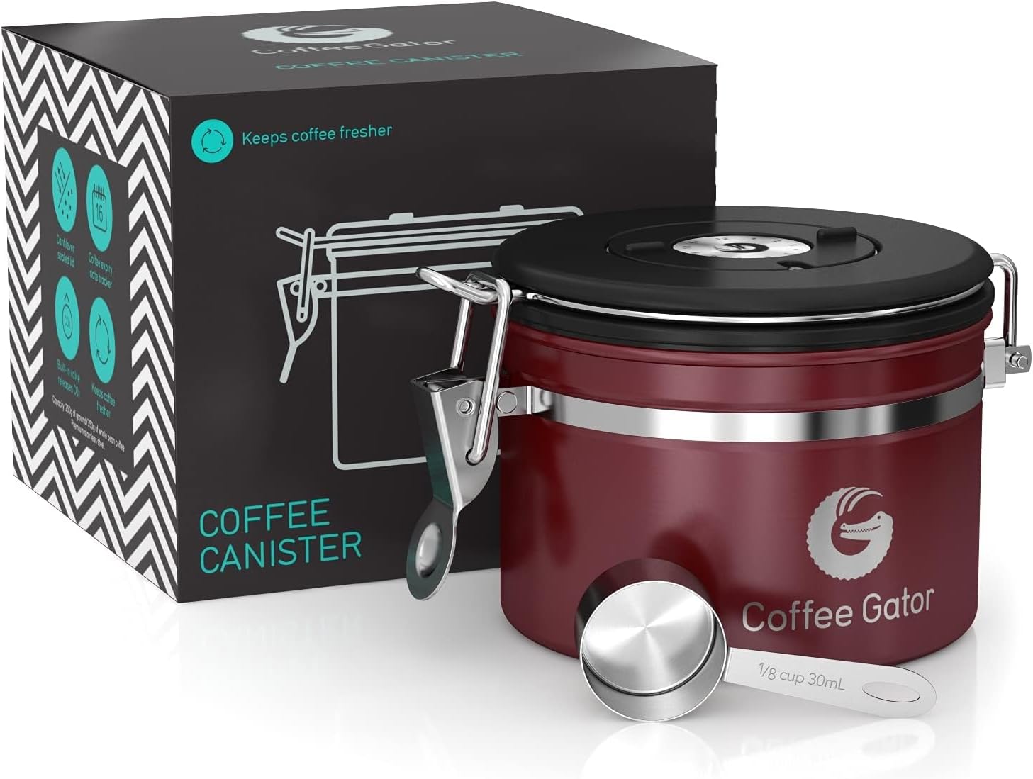 Coffee Gator Coffee Container - Stainless Steel Coffee Container with Lid and Aroma Lid - Storage Tin to Store Coffee Beans or Coffee Powder Perfectly - Aroma Tin with Free Dosing Spoon, small, red