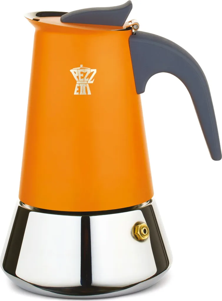 Pezzetti Steelexpress espresso maker, stainless steel, 4 cups, induction compatible, orange