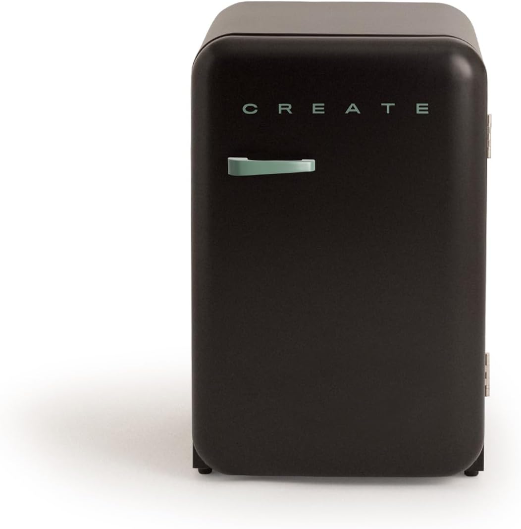 CREATE Retro Friend 83.5 Sage Fridge in Black, Sage Green Handle, 98 W, Low Consumption, 2 Shelves, Temperature Control, Bottle Holder, 56 x 54 x 84 cm