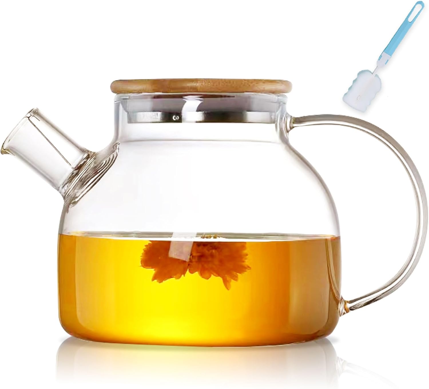 Teapot with strainer insert, 1000 ml glass teapot with wooden lid, heat-resistant high borosilicate teapot with removable filter, modern and elegant teapot design for tea, flower tea and juice