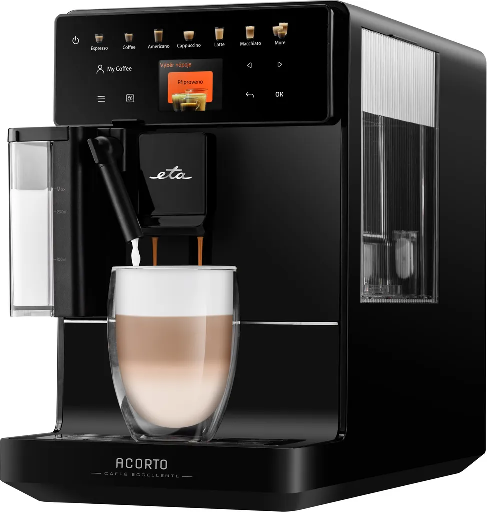 ETA Acorto I Fully Automatic Coffee Machine, 1400 W, Stainless Steel Grinder, Extra Slim Design, CLICK&LATTE Frothing System, Touch Control Panel, 9 Grind Settings