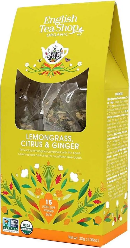 English Tea Shop ETS - Lemongrass, Ginger & Citrus Fruits, Organic, 15 Pyramid Bags in Paper Box, 30 gm