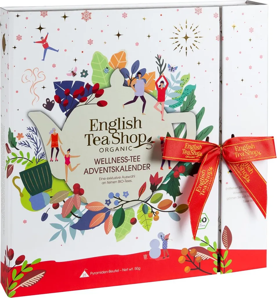 English Tea Shop ETS - Tea Book Tea Advent Calendar with Ribbon "Wellness", 25 boxes with organic tea in high-quality pyramids 50g