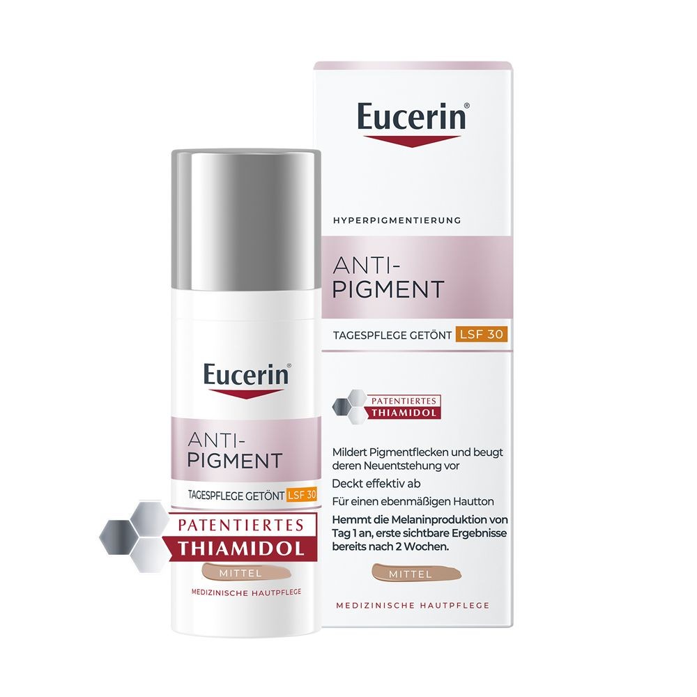 Eucerin Anti-Pigment Day Cream with Thiamidol®, fast-absorbing, tinted anti-pigment cream with SPF 30, medium + Eucerin Anti-Pigment Cleansing Gel 20ml FREE 50 ml