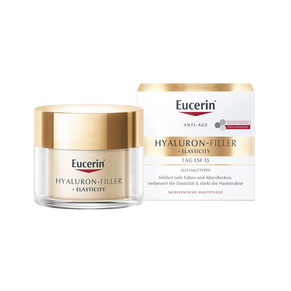 Eucerin HYALURON-FILLER + ELASTICITY day care SPF 15 - face cream to reduce deep wrinkles - anti-aging cream against age spots + Eucerin Oil Control Face Sun Gel-Cream SPF 50+ 20 ml Xmas Box FREE 50 ml