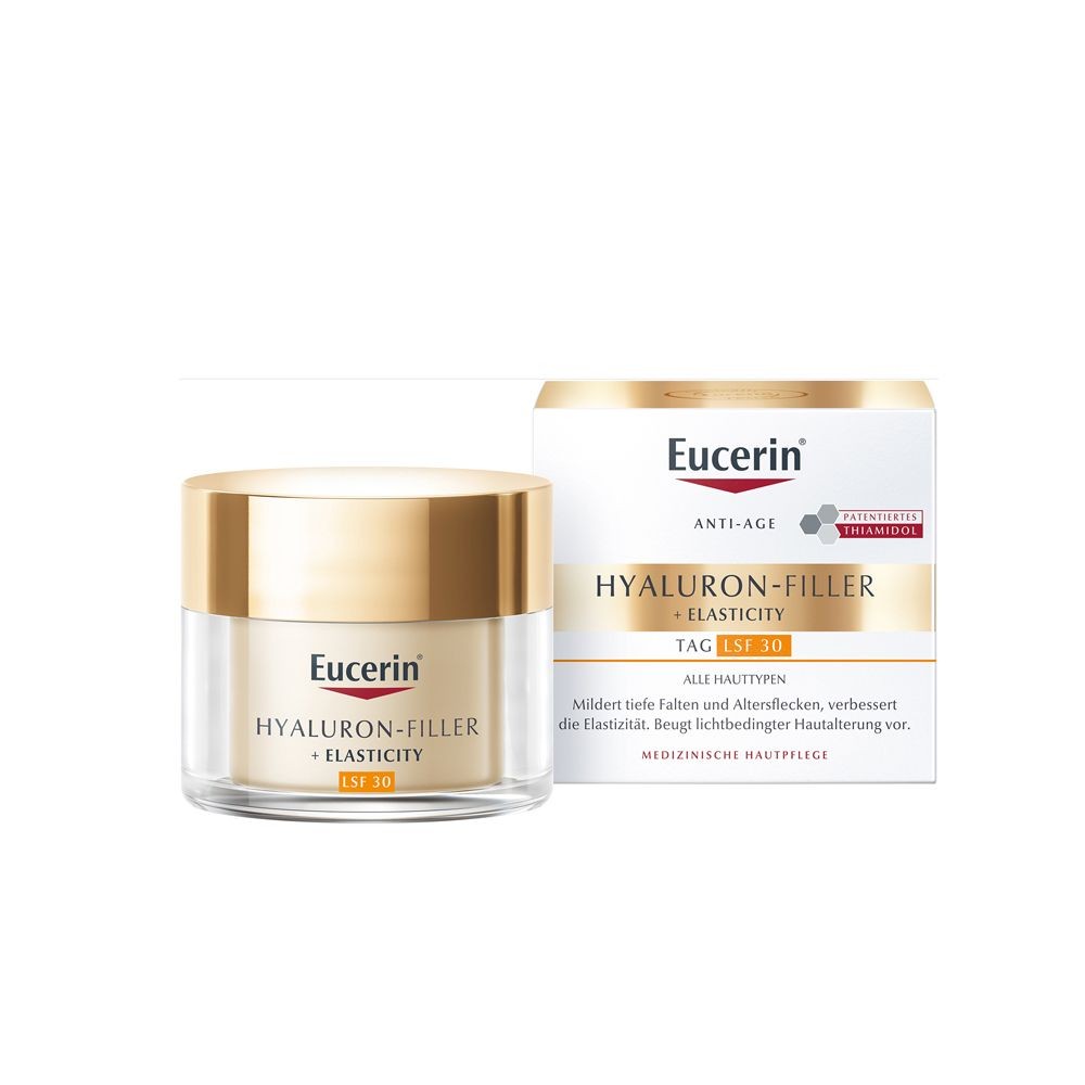 Eucerin HYALURON-FILLER + ELASTICITY day care SPF 30 - face cream to reduce deep wrinkles - anti-aging cream against age spots + Eucerin Oil Control Face Sun Gel-Cream SPF 50+ 20 ml Xmas Box FREE 50 ml