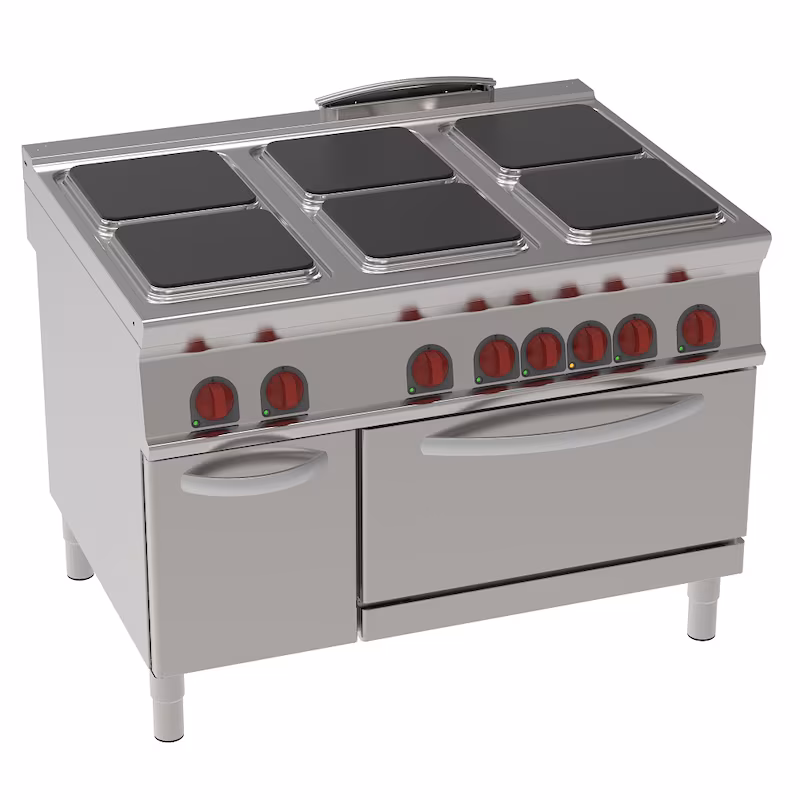 EURAST - Electric cooker with 6 square hobs, 1 static electric oven, GN 2/1 - 1200x900x900 mm - 29300 W 400/3V - 34930613