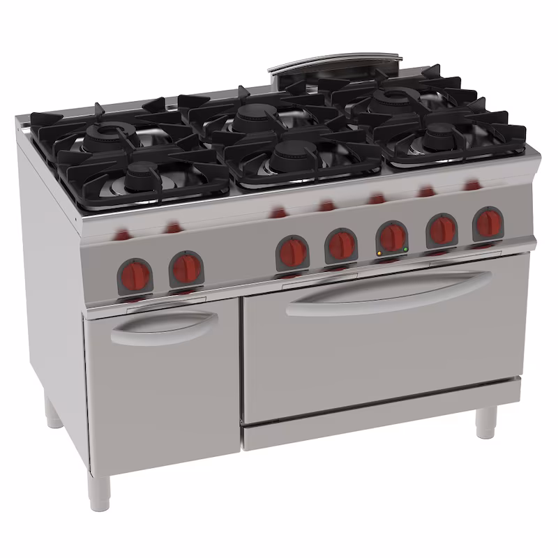 EURAST - Gas cooker with 6 burners, 1 static electric oven, GN 2/1 - 1200x700x900 mm - 30 kW + 4.7 kW 400/3V - 35360317