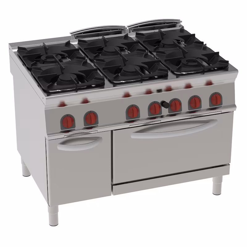 EURAST - Gas cooker with 6 burners, 1 static gas oven gn 2/1 - 1200x900x900 mm - 47 kW - 34330313