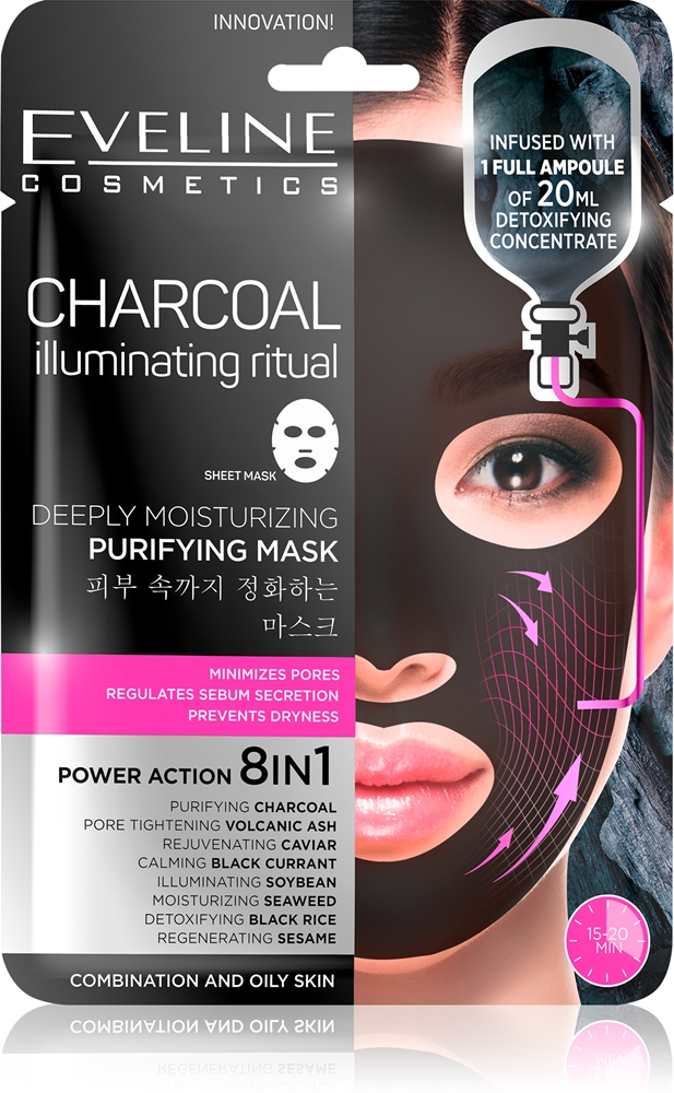 Eveline Cosmetics Charcoal Illuminating Ritual extra moisturizing cleansing textile mask
