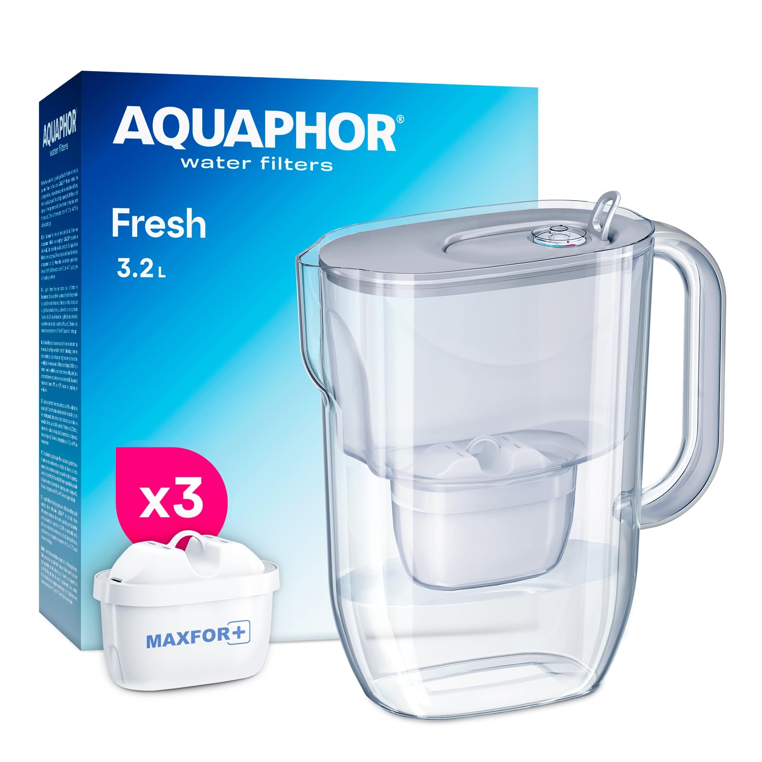 AQUAPHOR Fresh 3.2 L Water Filter Jug with 3 Maxfor+ Cartridges 200 L Fresh Design for Fresh Drinking Water Gray