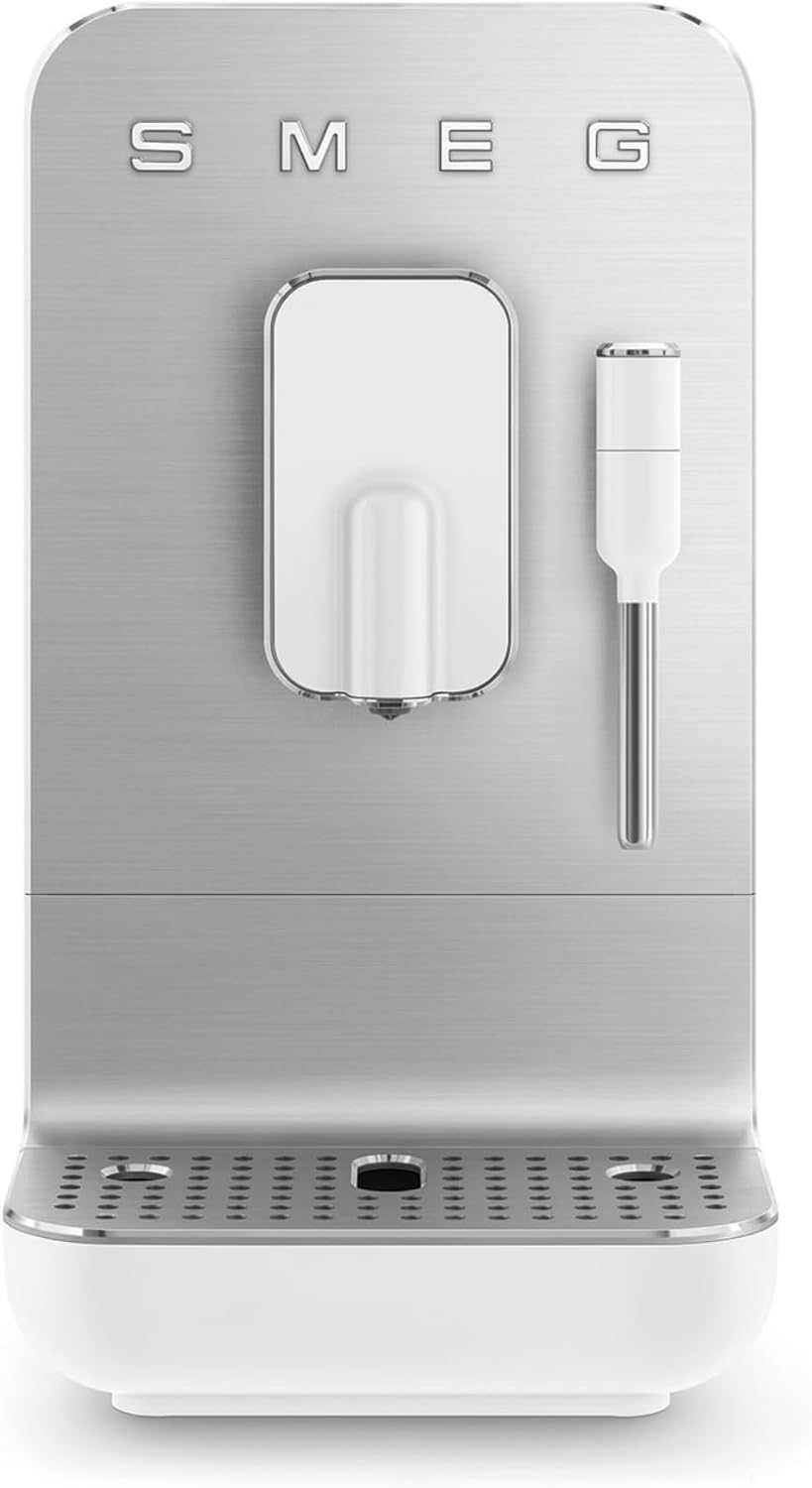 Smeg, BCC12WHMEU Automatic Espresso Machine, Steam Function, Integrated Coffee Grinder, Thermoblock System, 1.4 Litre Tank, Removable Drip Drawer, Compact Size, 1350 W, White
