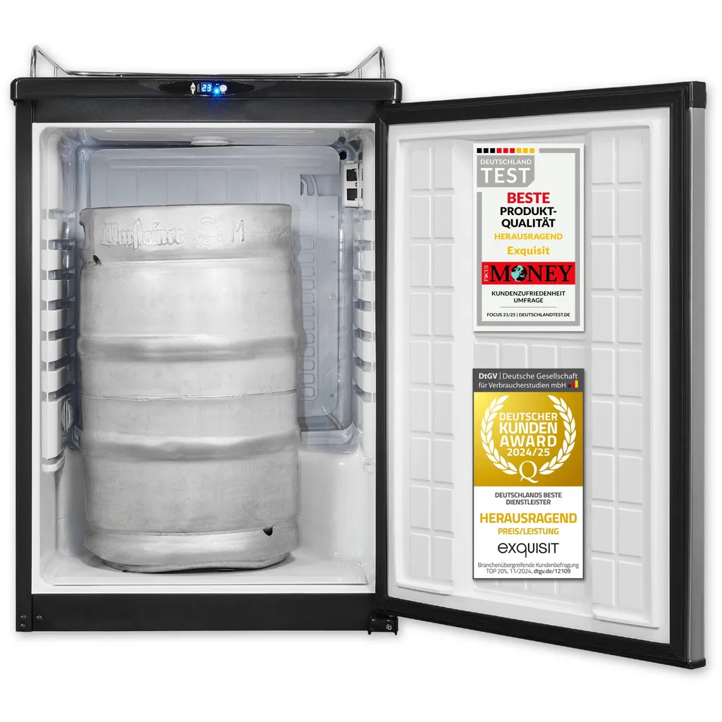 Exquisit beer cooler, 163 liters, with tap, wire shelves, reversible door hinge, 89 cm high, 42 dB, display, BK160-HE-300G stainless steel