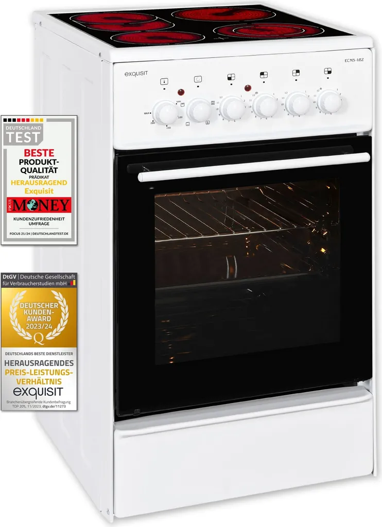 Exquisit ECM 5-4 BZ Electric Freestanding Cooker | Glass Ceramic | 4 Cooking Zones | Roasting and Dual-Circuit Zone | Top/Bottom Heat | Grill | Fan | White
