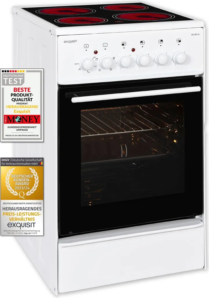 Exquisit ECM 5-4 Electric Freestanding Cooker | Glass Ceramic | Top/Bottom Heat | Grill | Fan | White