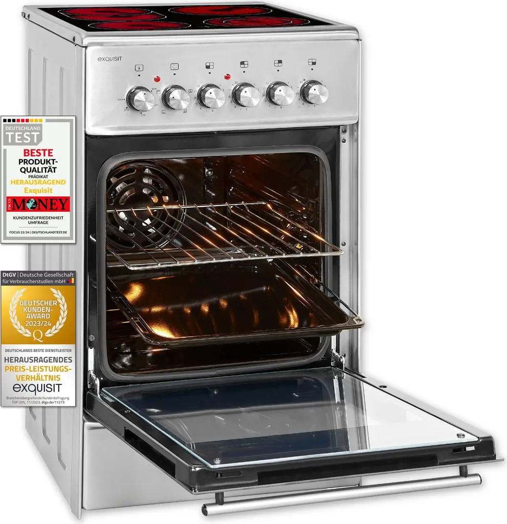 Exquisit ECM 5-4 I BZ Electric Freestanding Cooker with Glass Ceramic Hob | 4 Cooking Zones | Roasting and Dual-Circuit Zone | Grill, Convection | Stainless Steel