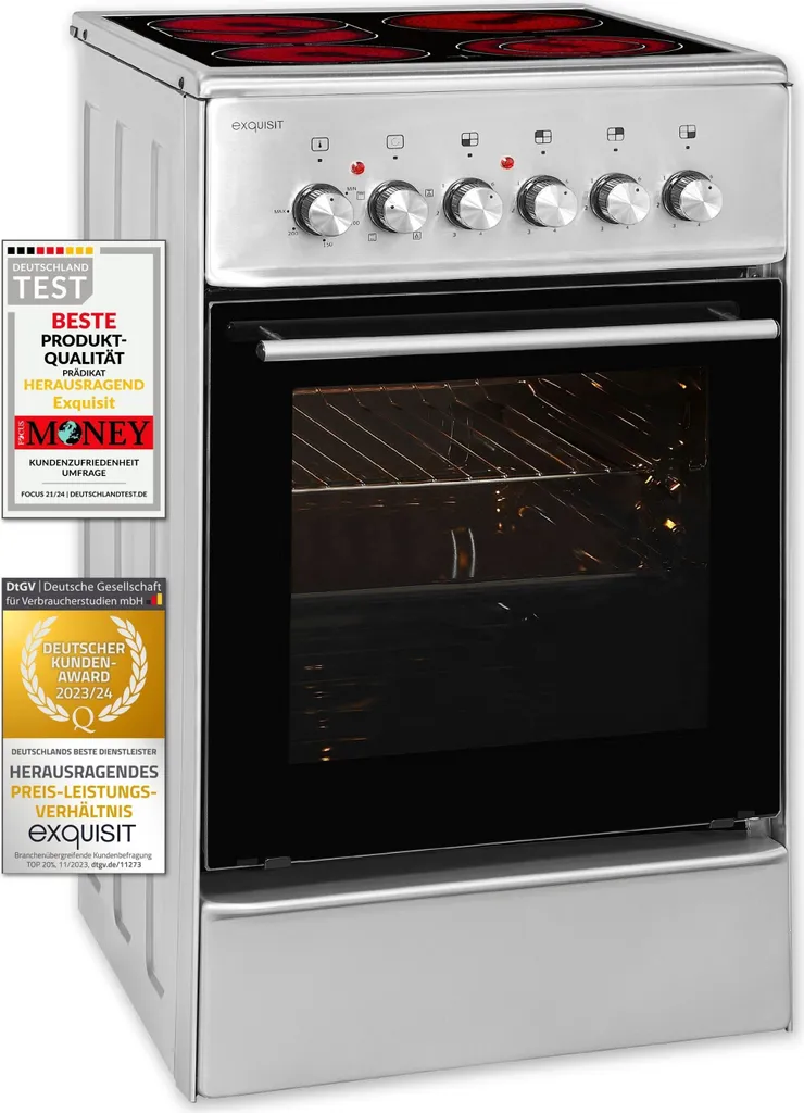 Exquisit ECM 5-4 Inox Electric Freestanding Cooker | Glass Ceramic | Top/Bottom Heat | Grill | Fan | Stainless Steel