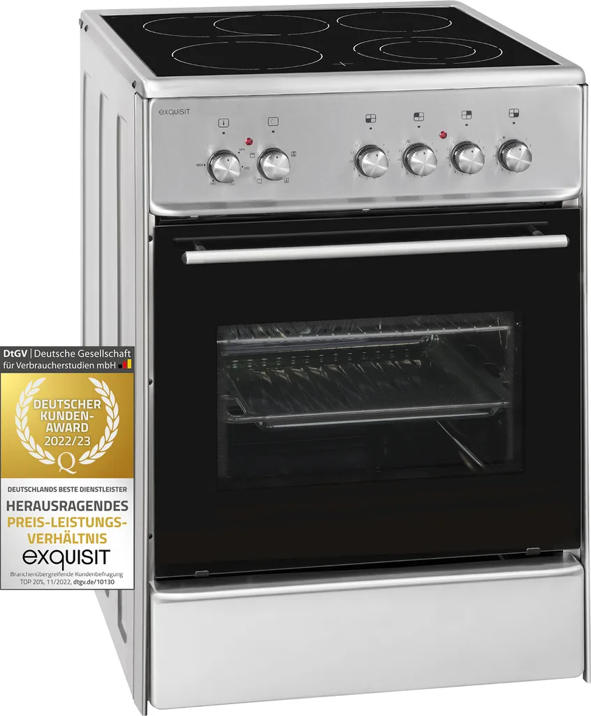 Exquisit ECM 6-4 BZ Inox Electric Freestanding Cooker | Glass Ceramic | Roasting/Dual-Circuit Zone | Top/Bottom Heat, Grill | Fan-assisted Cooking | Stainless Steel