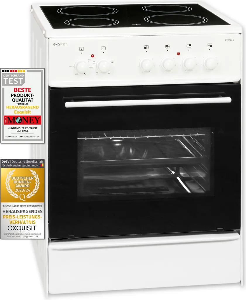 Exquisit ECM 6-4 Electric Freestanding Cooker | Glass Ceramic | Top/Bottom Heat | Grill | Fan | White
