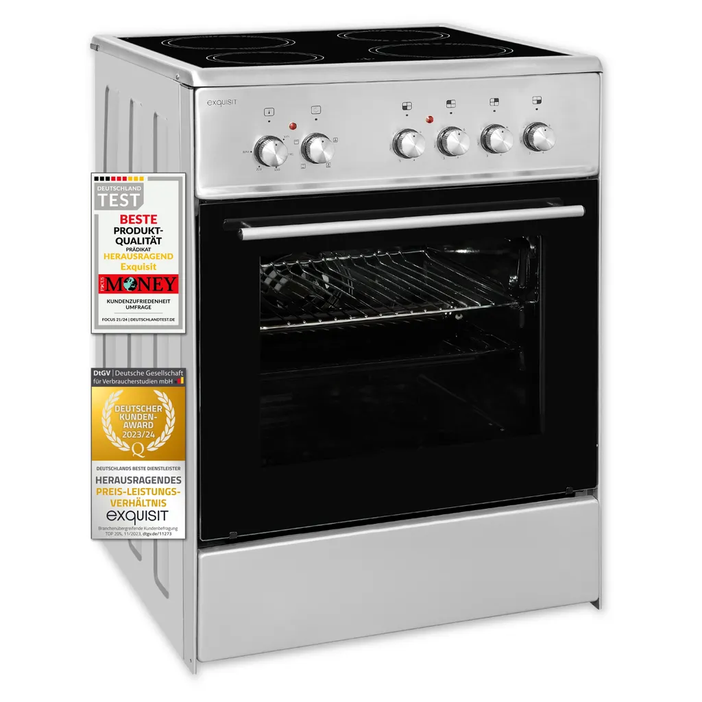 Exquisit ECM 6-4 Inox Electric Freestanding Cooker | Glass Ceramic | Top/Bottom Heat | Grill | Fan | Stainless Steel