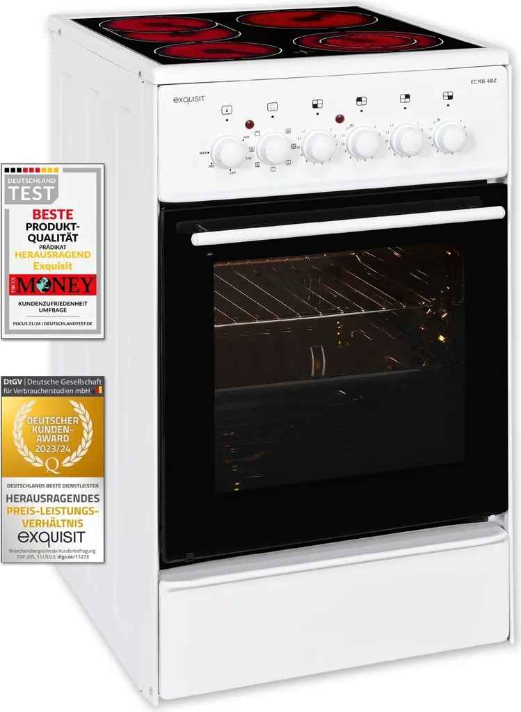 Exquisit ECM 8-4.1 BZ Electric Freestanding Cooker | Glass Ceramic | Roasting/Dual-Circuit Zone | Top/Bottom Heat, Grill | Fan-assisted Cooking | White