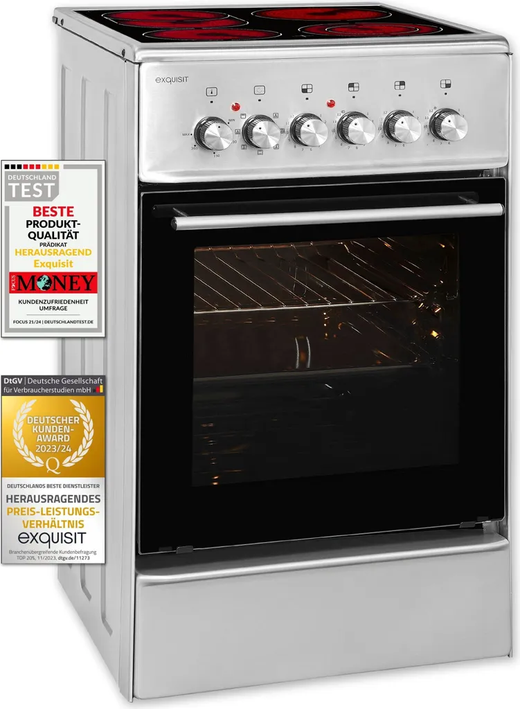 Exquisit ECM 8-4.1 BZ Inox Electric Freestanding Cooker | Glass Ceramic | Roasting/Dual-Circuit Zone | Top/Bottom Heat, Grill | Fan-assisted Cooking | Stainless Steel