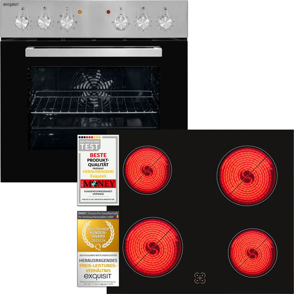 Exquisit EHE 156-2.1 U-Set Built-in Oven with Glass Ceramic Cooktop | Top/Bottom Heat | Stainless Steel