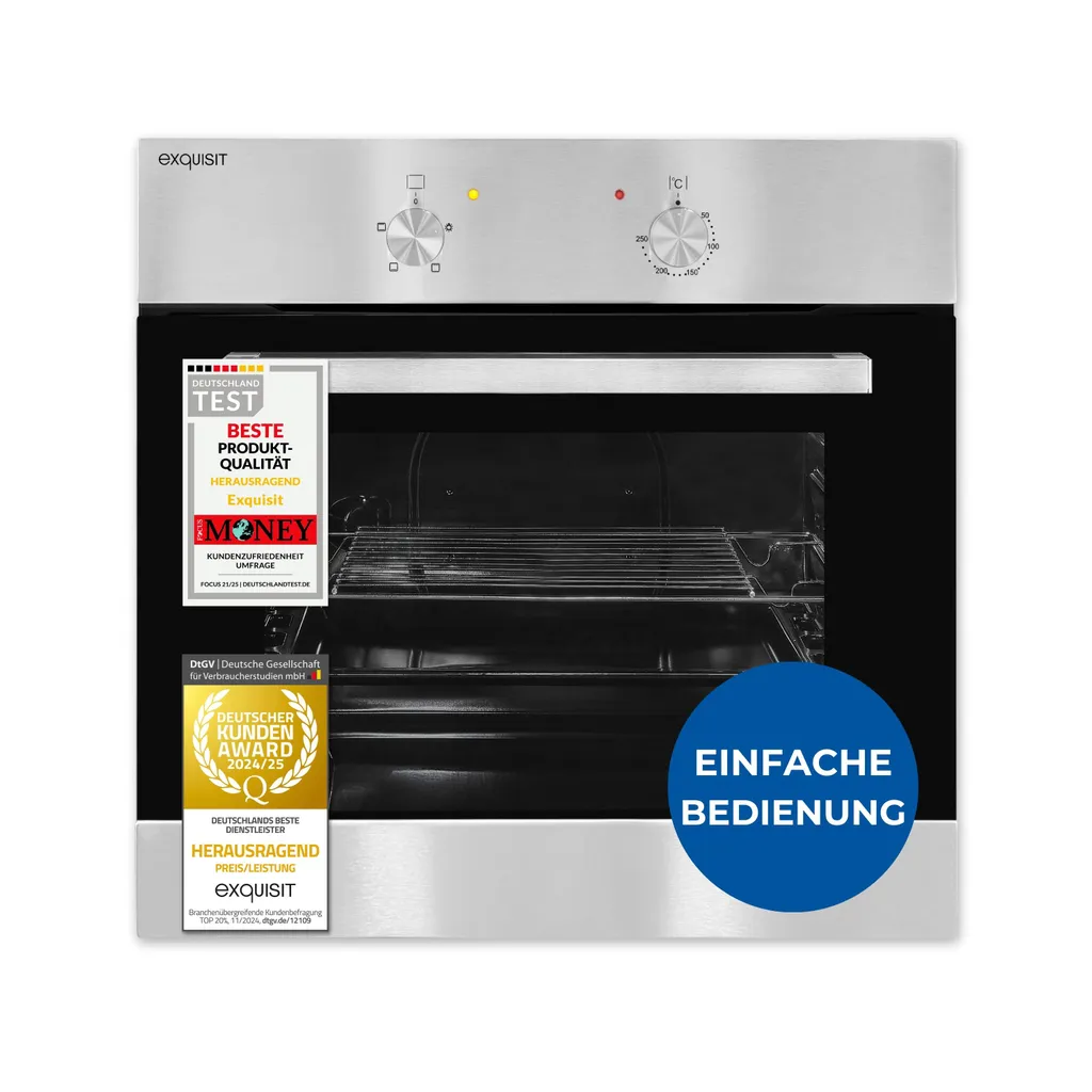 Exquisit built-in oven, 62 liters, electric, 4 functions, top and bottom heat, interior light, grill rack & baking tray, EBE 455-1.1