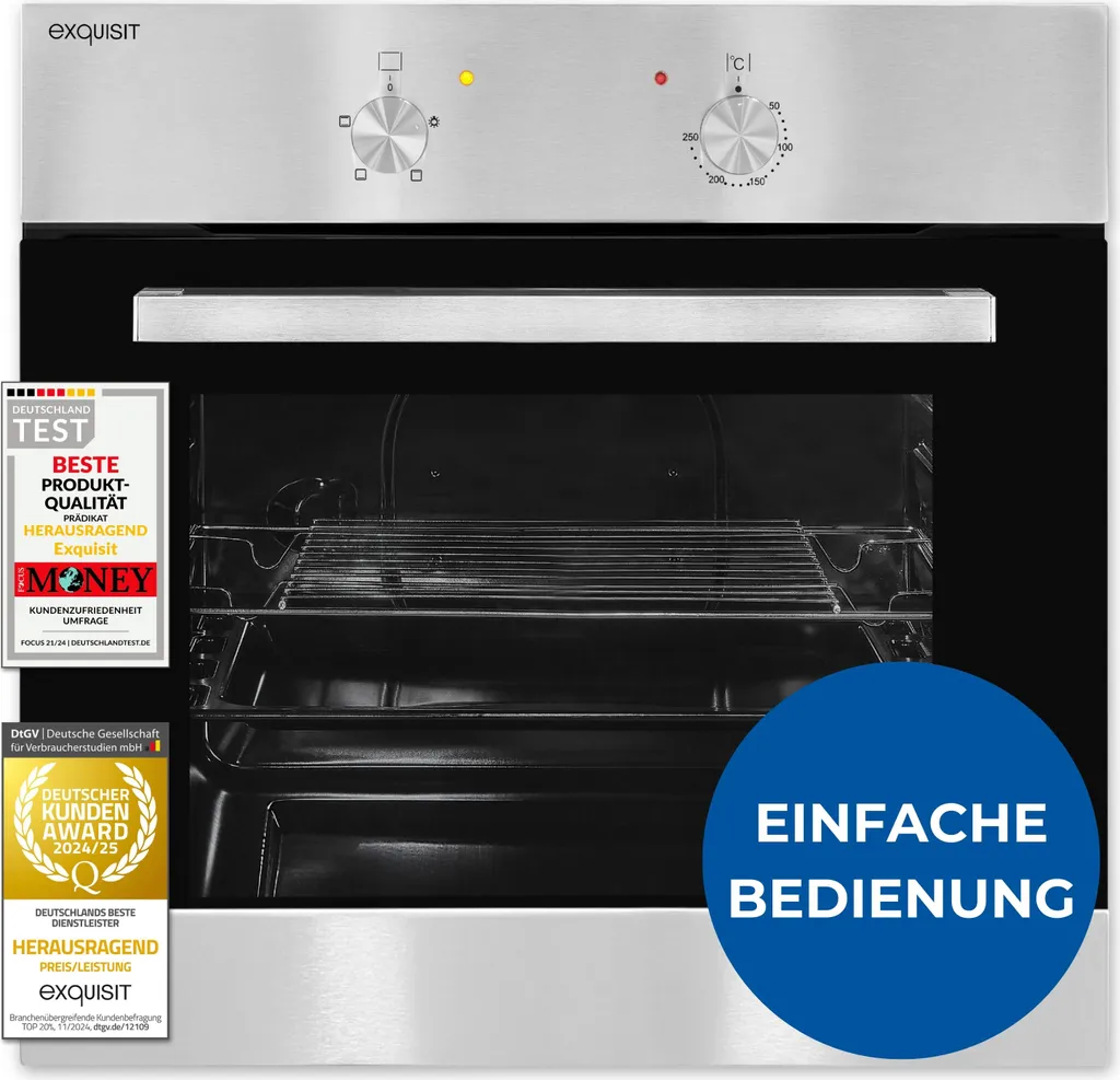 Exquisit built-in oven, built-in appliance, silver, 62 L cooking chamber, easy operation, small oven, EBE 555-1.1
