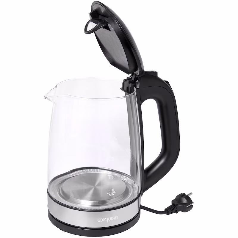 Exquisit glass kettle WK 3501 swg, interior lighting, 2 liters, 2200 watts, stainless steel trim, black